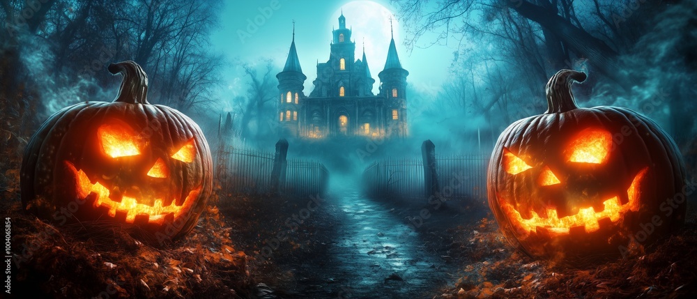Fototapeta premium horror Halloween night background banner with pumpkin and fullmoon