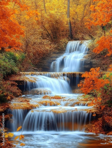 Autumn waterfall cascading through a forest, vibrant fall colors, smooth water effect from long exposure, natural serenity, 3D realism