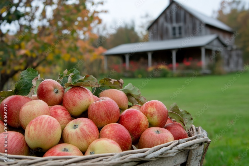 A basket of freshly picked apples sits in front of a rustic farmhouse on a fall day. A basket of freshly picked apples sits in front of a rustic farmhouse on a fall day.