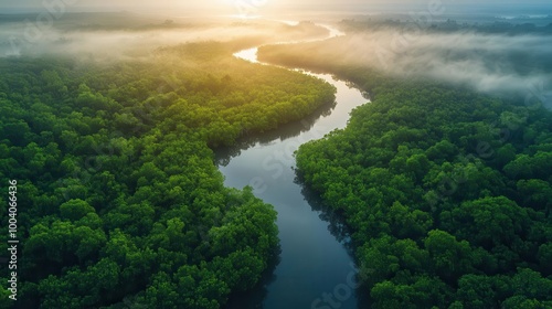 aerial view of serpentine river delta emerald mangrove forests intertwining with glassy waterways misty dawn light casting long shadows