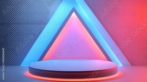 Wallpaper Mural An abstract neon stage featuring glowing triangle shape , Abstract futuristic neon light  podium background, Empty podium for product display with smoke and neon light background Torontodigital.ca