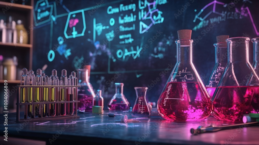 Chemistry Science Formulas Illustrated with Experimental Equipment on a Blackboard Chemistry Science Formulas Illustrated with Experimental Equipment on a Blackboard