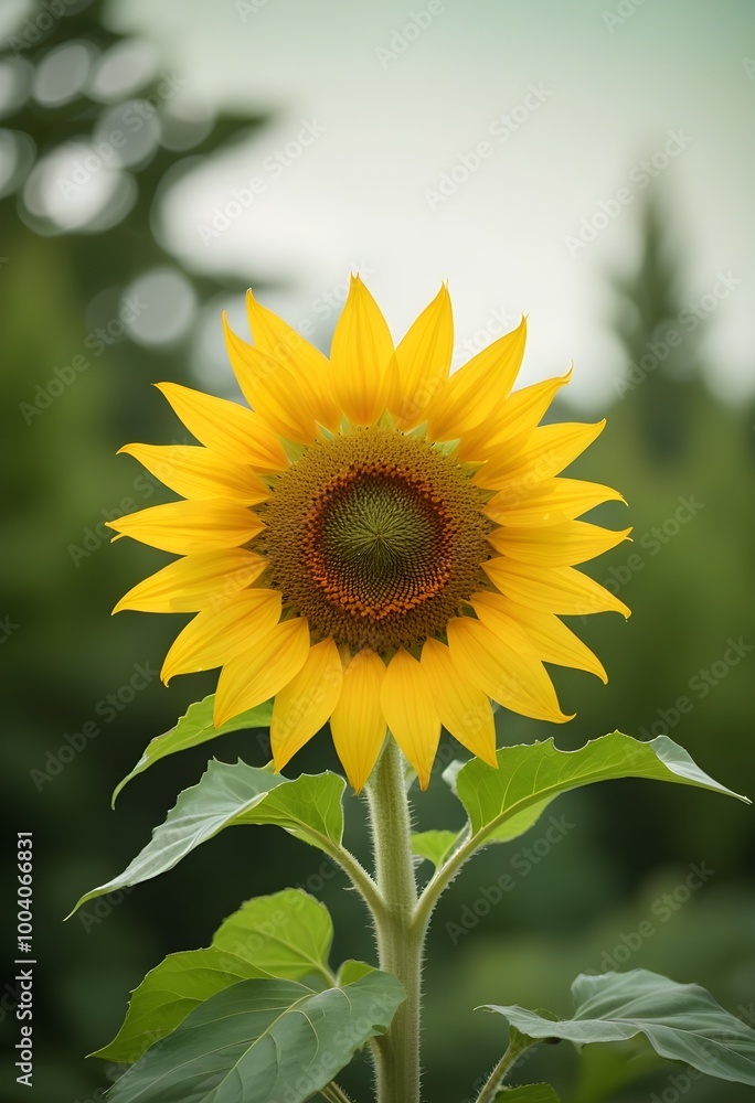 A large yellow sunflower with green leaves against a blurred green background A large yellow sunflower with green leaves against a blurred green background