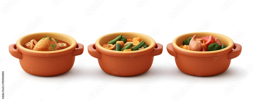3D Rendered Ceramic Pots with Delicious Homemade Stews and Soups 3D Rendered Ceramic Pots with Delicious Homemade Stews and Soups