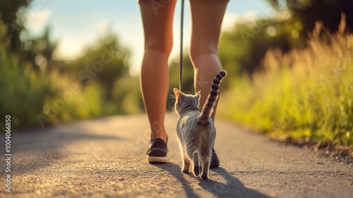 Back view of a woman's legs while she walks a British Shorthair cat on a leash along a rural road during the summer. photo