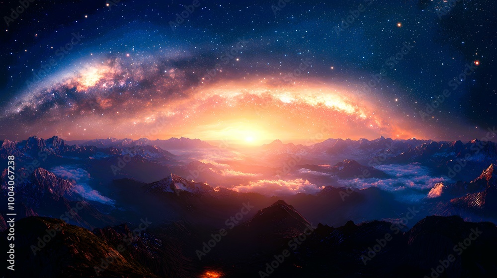 Majestic Mountain Range with Milky Way Galaxy and Sunrise Majestic Mountain Range with Milky Way Galaxy and Sunrise