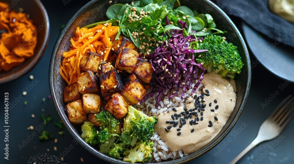 Delicious Vegan Buddha Bowl with Tofu, Rice, and Veggies Delicious Vegan Buddha Bowl with Tofu, Rice, and Veggies
