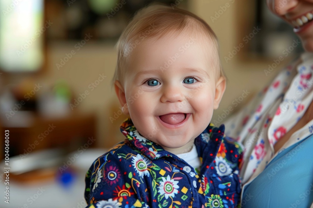 Adorable baby boy with bright blue eyes wearing a colorful shirt while being held by his mother Adorable baby boy with bright blue eyes wearing a colorful shirt while being held by his mother