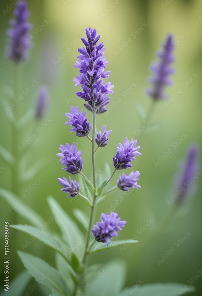 Obraz premium A delicate purple lavender with green leaves against a blurred green background