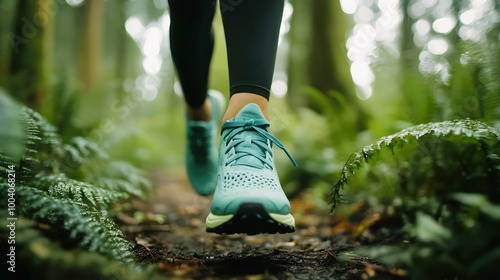 Running Shoes on Forest Trail Green Sneakers Nature Fitness Outdoors