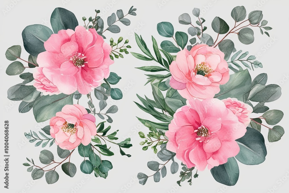 custom made wallpaper toronto digitalWatercolor Floral Illustration of Pink Flowers and Eucalyptus Greenery for Wedding Stationery and Decorations