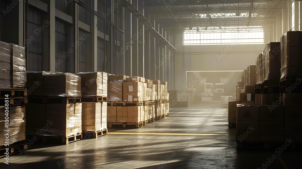 Warehouse Interior With Pallets Of Cardboard Boxes And Sunbeams Warehouse Interior With Pallets Of Cardboard Boxes And Sunbeams