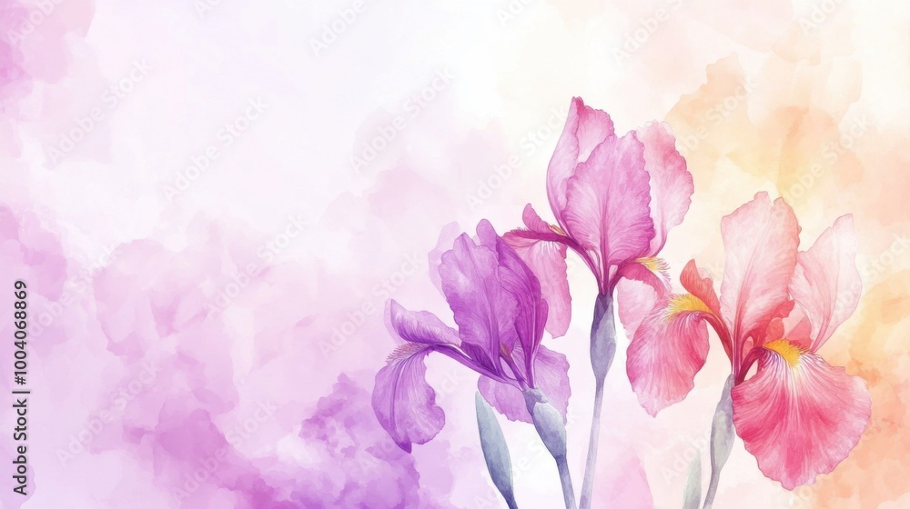 Purple irises in watercolor style with soft pastel background, Ai Generation Purple irises in watercolor style with soft pastel background, Ai Generation