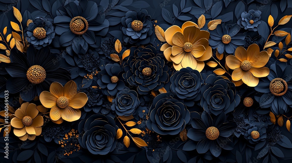 Dark and rich floral design with golden 3D flowers, creating a luxurious, sophisticated look with metallic finishes, perfect for high-end wallpapers and decorative prints Dark and rich floral design with golden 3D flowers, creating a luxurious, sophisticated look with metallic finishes, perfect for high-end wallpapers and decorative prints