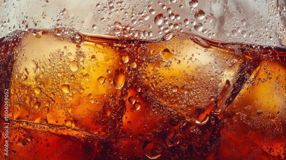 A chilled glass of cola with ice cubes and rising bubbles, condensation forming on the outside, capturing the essence of summer refreshment A chilled glass of cola with ice cubes and rising bubbles, condensation forming on the outside, capturing the essence of summer refreshment