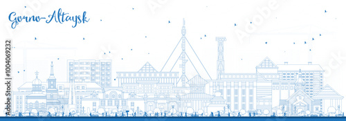 Outline Gorno-Altaysk Russia city skyline with blue buildings. Gorno-Altaysk cityscape with landmarks. Travel and tourism concept with modern and historic architecture.