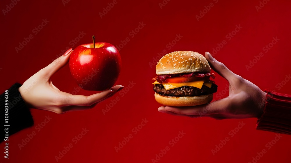 Red Apple vs Cheeseburger Healthy Food Choice Diet Hands Holding Red Apple vs Cheeseburger Healthy Food Choice Diet Hands Holding