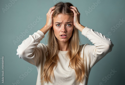 A young Caucasian woman with long blonde hair looking distressed, with her hands on her head