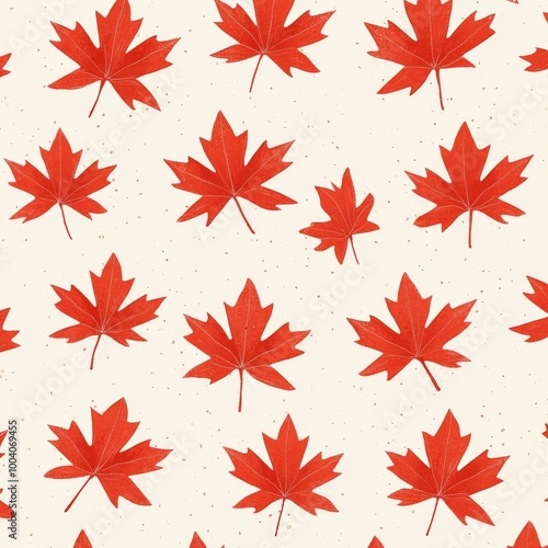 Hand-drawn seamless pattern of maple leaves in red and orange shades