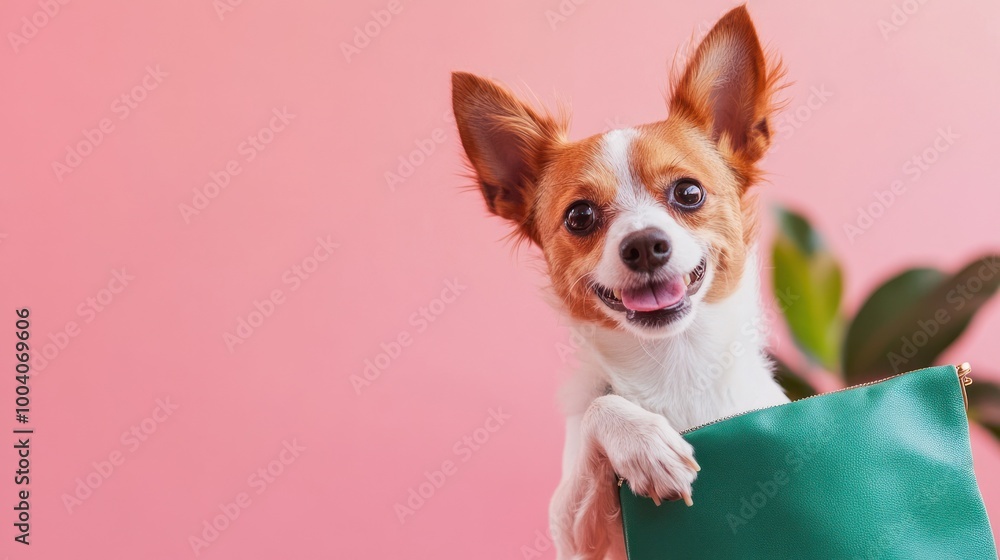 Joyful dog with bag, vibrant demeanor, pink setting Joyful dog with bag, vibrant demeanor, pink setting