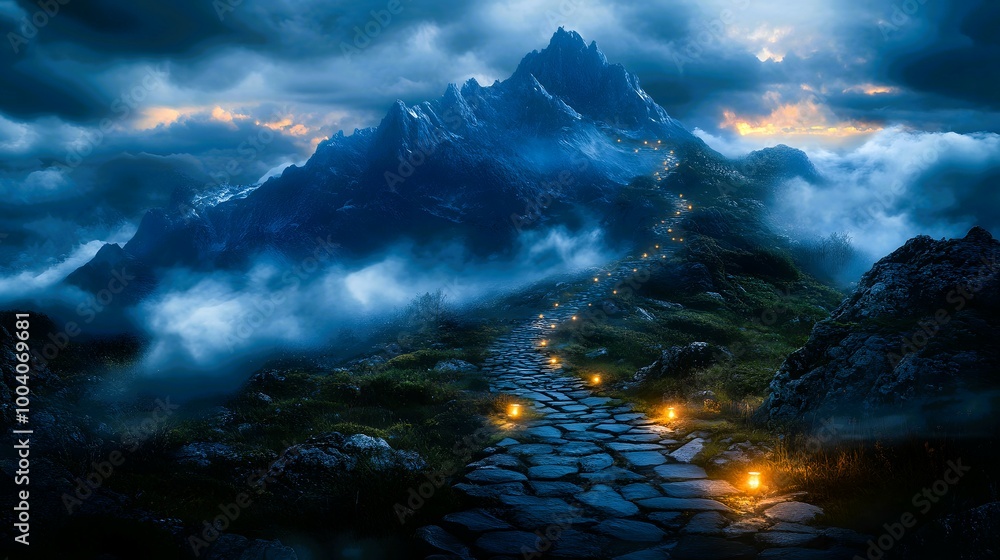 Naklejka premium Mystical Mountain Path with Fog and Lanterns at Twilight