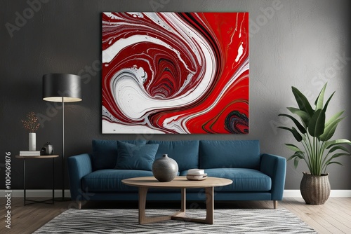 Vibrant Cobalt Red and White Surreal Marbled Texture Flow Design on Charcoal Canvas for Engaging Live Art Experience photo