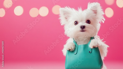 Adorable dog in a purse with pink background photo photo