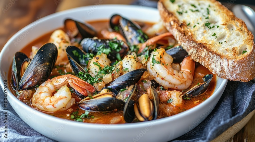 A comforting bowl of bouillabaisse with mussels and shrimp, beautifully arranged with a crunchy garlic toast baguette on the side A comforting bowl of bouillabaisse with mussels and shrimp, beautifully arranged with a crunchy garlic toast baguette on the side