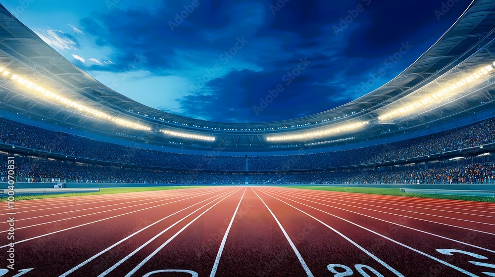 Empty Running Track in Stadium at Night with Crowd Empty Running Track in Stadium at Night with Crowd