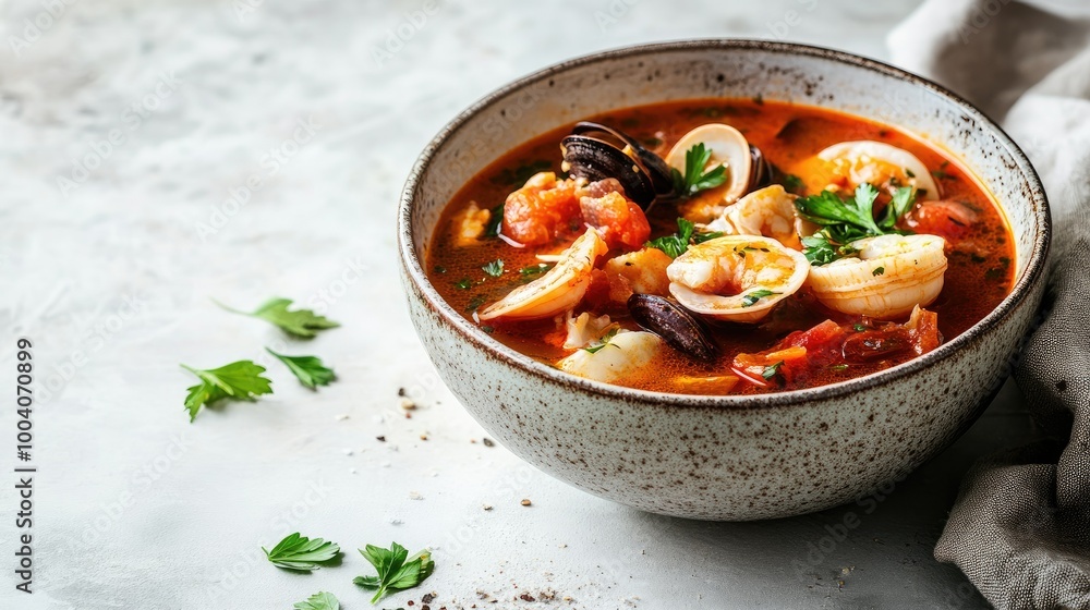 A cozy bowl of bouillabaisse on a light surface, highlighting the dish's vibrant colors and textures, A cozy bowl of bouillabaisse on a light surface, highlighting the dish's vibrant colors and textures,