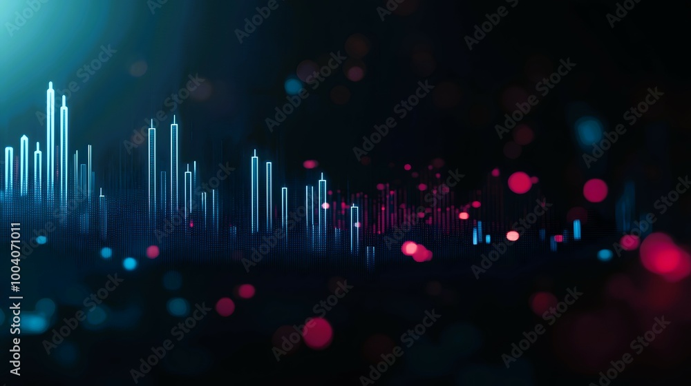 Abstract Digital Skyline with Glowing Bars and Bokeh Lights Abstract Digital Skyline with Glowing Bars and Bokeh Lights
