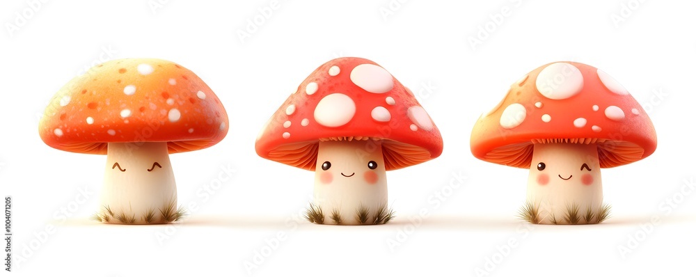 Fototapeta premium Cute Cartoon Mushrooms with White Dots and Happy Faces