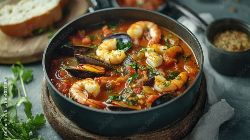 A cozy kitchen scene with a saucepan filled with traditional seafood stew, showcasing the vibrant ingredients and rich sauce, creating a warm and inviting atmosphere for a home-cooked meal A cozy kitchen scene with a saucepan filled with traditional seafood stew, showcasing the vibrant ingredients and rich sauce, creating a warm and inviting atmosphere for a home-cooked meal