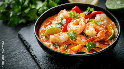 A cozy presentation of moqueca with fish and shrimp in a black bowl, garnished with colorful vegetables, showcased on a dark slate surface with ample copy space.