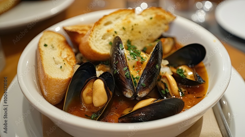 A cozy serving of French bouillabaisse, showcasing a medley of mussels and fish in a savory broth, paired with crispy garlic toast baguette for a delightful dining experience. A cozy serving of French bouillabaisse, showcasing a medley of mussels and fish in a savory broth, paired with crispy garlic toast baguette for a delightful dining experience.
