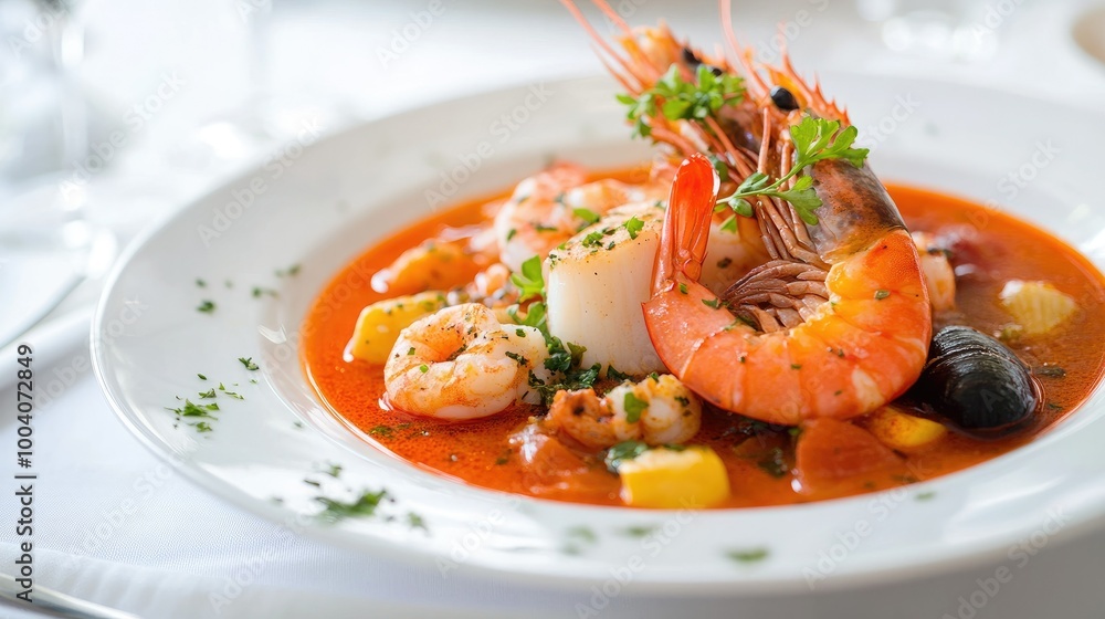 A delightful presentation of red bouillabaisse soup brimming with seafood, elegantly served in a white plate,0f A delightful presentation of red bouillabaisse soup brimming with seafood, elegantly served in a white plate,0f