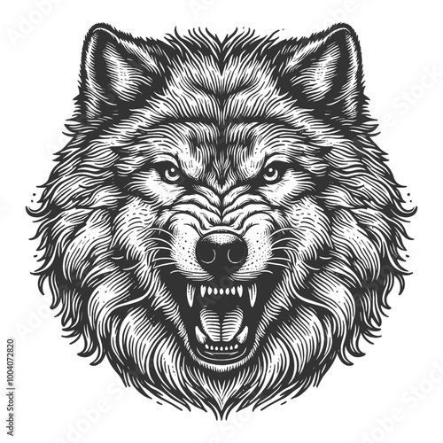 fierce howling wolf growling with bared teeth. Tattoo design. Strength and wild nature sketch engraving generative ai vector illustration. Scratch board imitation. Black and white image. photo