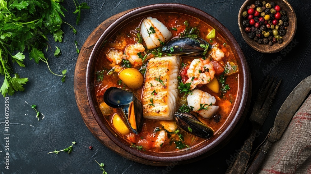 A delightful top view of bouillabaisse, featuring colorful fish and shellfish, served in a traditional bowl, A delightful top view of bouillabaisse, featuring colorful fish and shellfish, served in a traditional bowl,