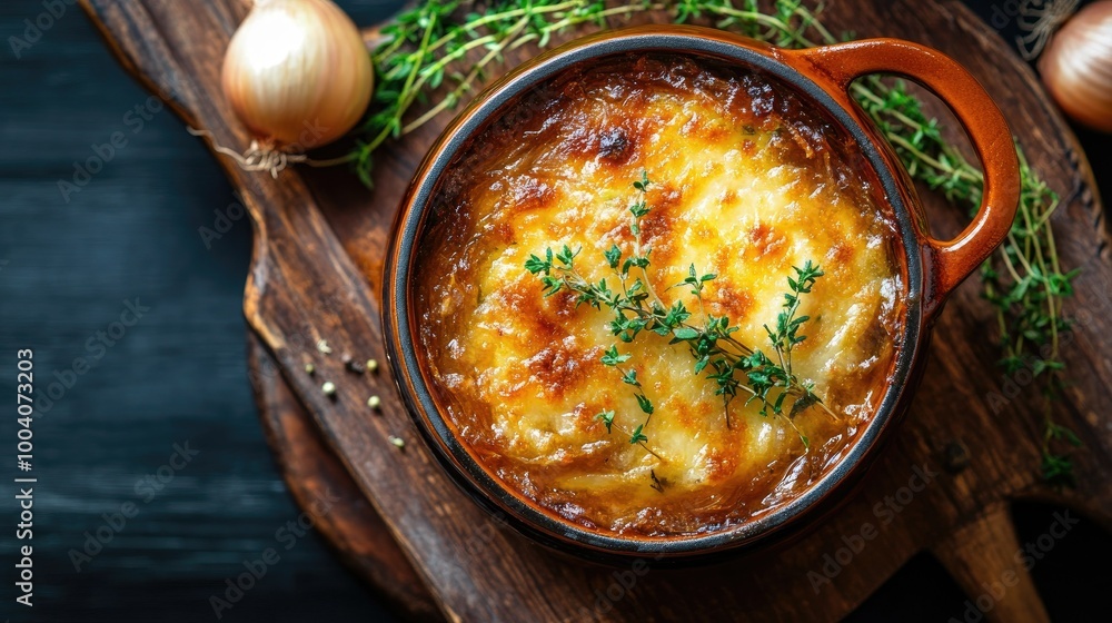 A delightful top view of French onion soup, showcasing the vibrant onions and fresh thyme, presented in an elegant bowl A delightful top view of French onion soup, showcasing the vibrant onions and fresh thyme, presented in an elegant bowl