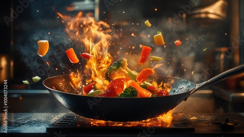 A fiery wok pan filled with vegetables, tossed into the air by a chef, captured in action with flames swirling around, highlighting dynamic cooking.