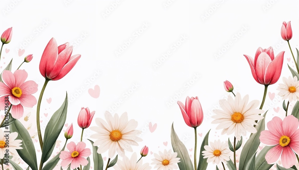 Pink Tulips and Daisies Floral Border on White Background Pink Tulips and Daisies Floral Border on White Background