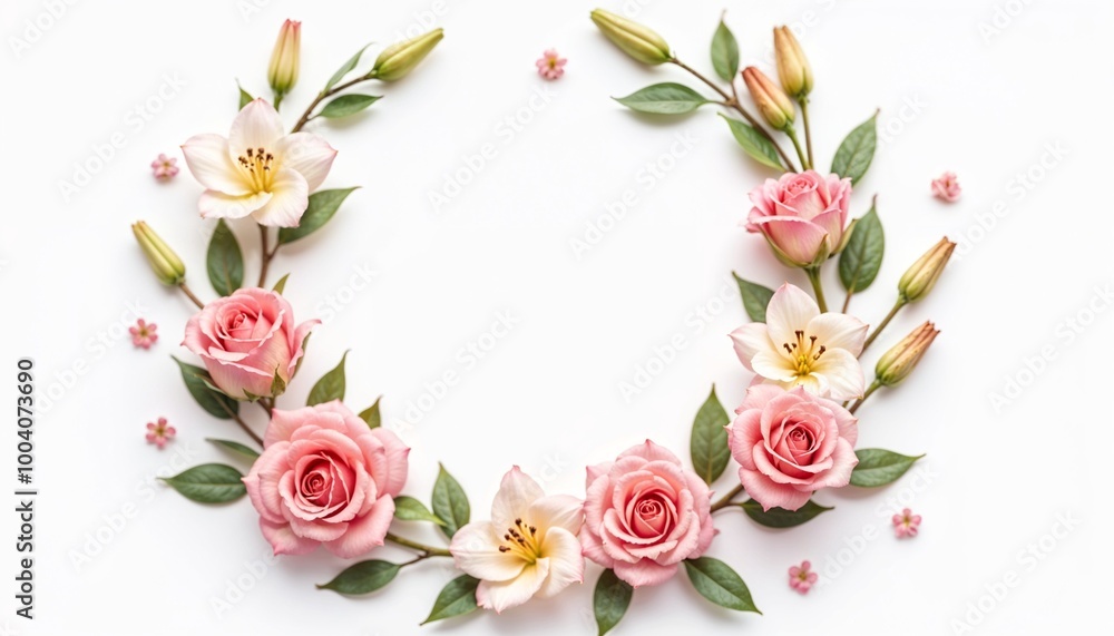custom made wallpaper toronto digitalFloral Wreath of Pink Roses and Lilies on White Background