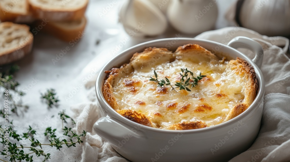 A heartwarming bowl of French onion soup with crispy bread and melted cheese, placed on a table with a light, airy background for ideal copy space and marketing purposes. A heartwarming bowl of French onion soup with crispy bread and melted cheese, placed on a table with a light, airy background for ideal copy space and marketing purposes.