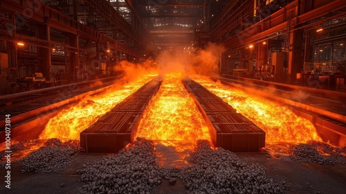 an imposing steel mill with a whitehot blast furnace surrounded by flickering flames and molten metal capturing the raw power and industrial beauty of modern manufacturing photo