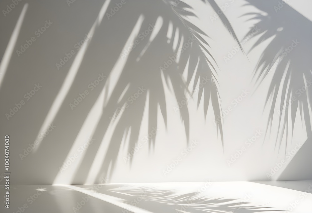 Shadows of palm leaves on a white wall, creating a serene and minimalist pattern Shadows of palm leaves on a white wall, creating a serene and minimalist pattern