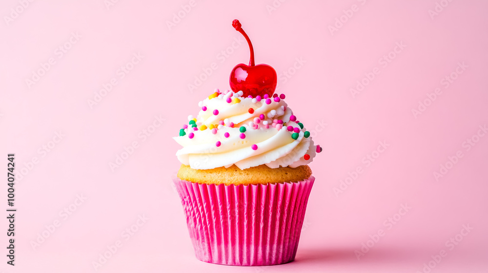 Delicious cupcake with sprinkles and cherry on pink background Delicious cupcake with sprinkles and cherry on pink background
