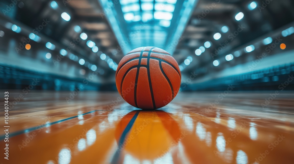 Close-up of basketball on indoor court with empty bleachers in background, bright lights reflecting on polished wood, professional sports arena, basketball game, focus on ball, sports equipment Close-up of basketball on indoor court with empty bleachers in background, bright lights reflecting on polished wood, professional sports arena, basketball game, focus on ball, sports equipment