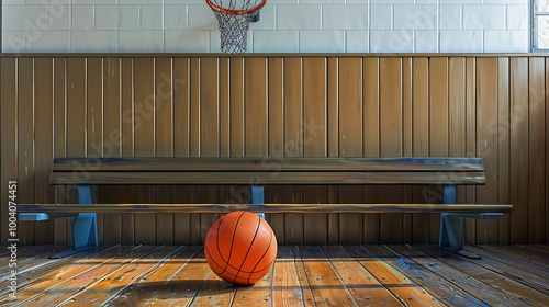 Orange basketball ball on wooden bench in locker room photo