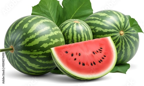 Whole watermelons and a slice of watermelon against a background of large green leaves photo