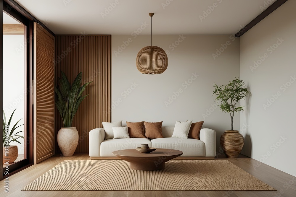 Fototapeta premium Tranquil Zen-Inspired Room Mockup with Minimalistic Design and Earthy Tones